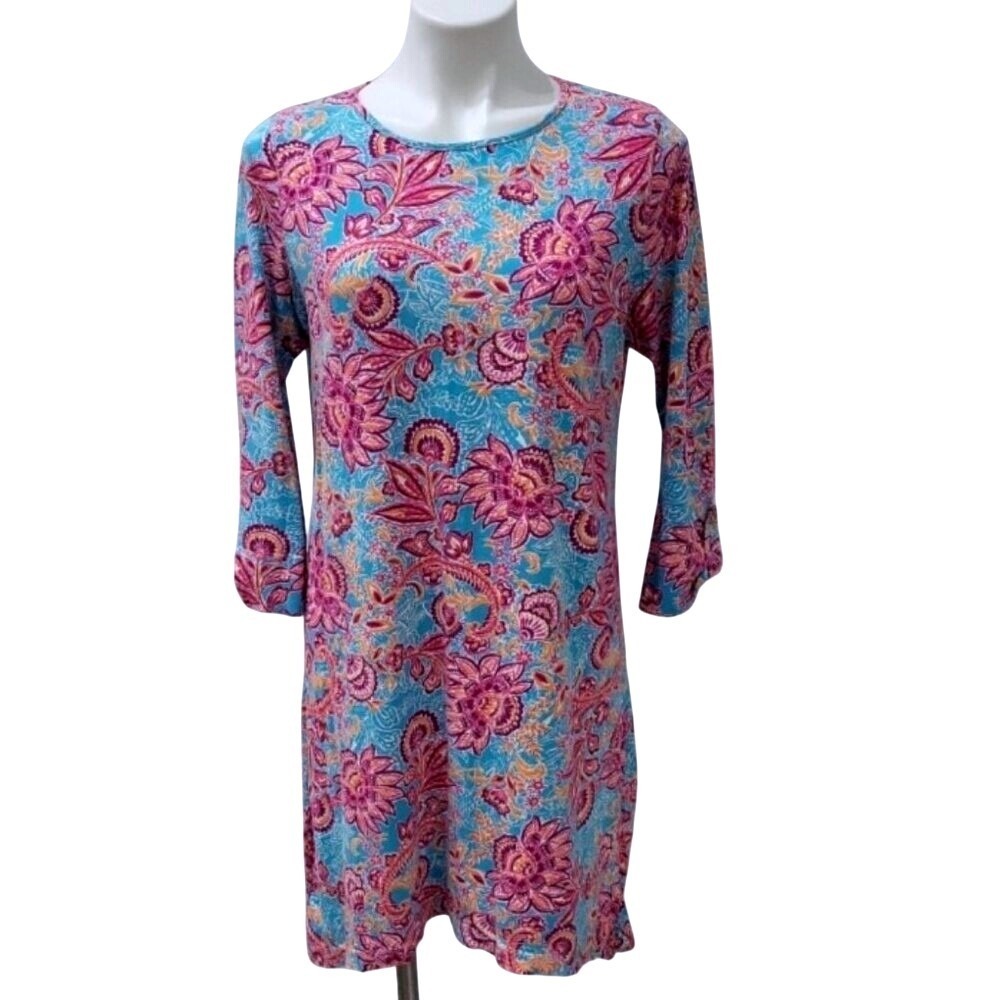 Sunsets & Sweet Tea  XL Paisley Floral Knit Shift Dress Turquoise Pink 3/4
